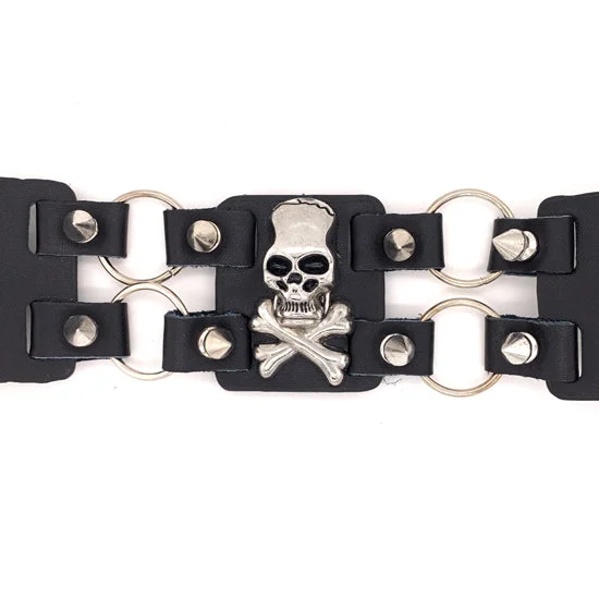 Black Leather Stainless Steel Skull And Crossbones Bracelet / LBJ12423