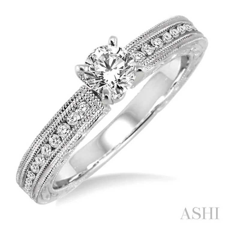 1/2 Ctw Diamond Engagement Ring with 1/3 Ct Round Cut Center Stone in 14K White Gold