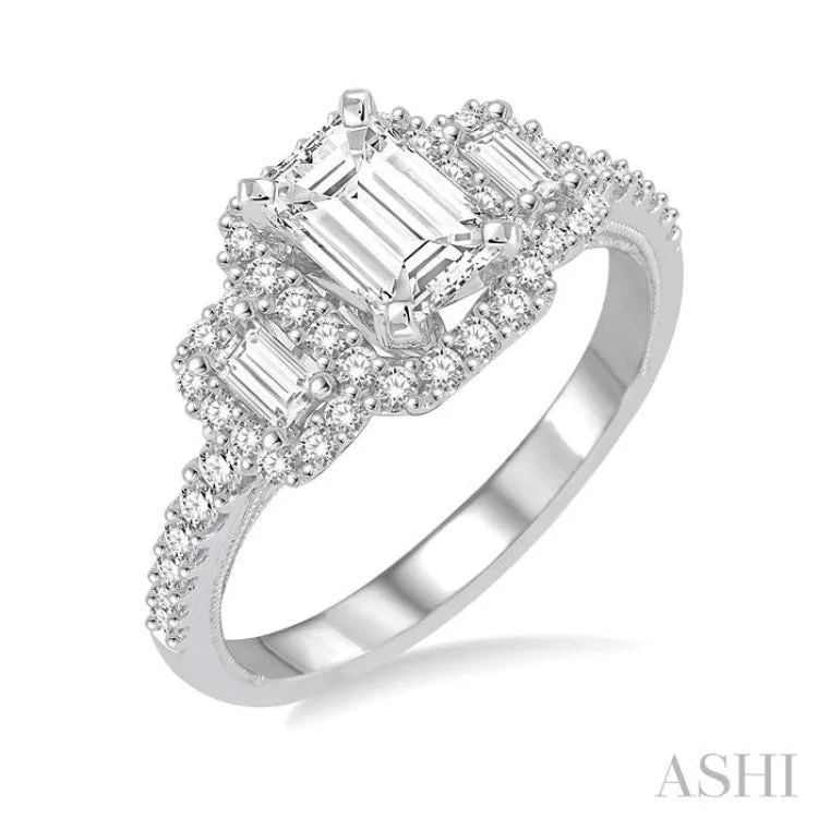 5/8 ctw Diamond Ladies Engagement Ring with 1/4 Ct Emerald Cut Center Stone in 14K White Gold