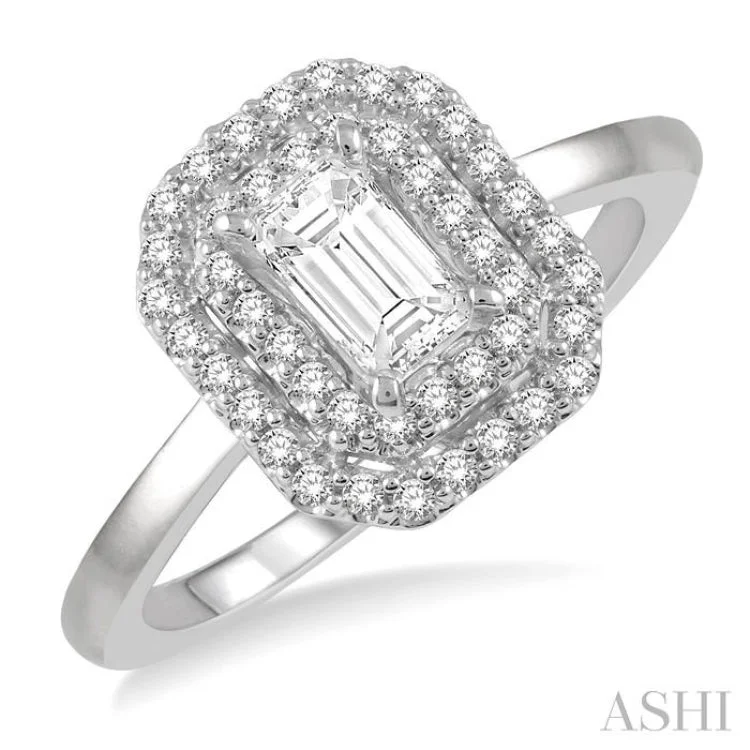 1/2 Ctw Twin Halo Round Cut Diamond Engagement Ring With 1/4 ct Emerald Cut Center Stone in 14K White Gold