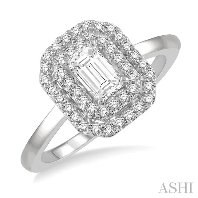 1/2 Ctw Twin Halo Round Cut Diamond Engagement Ring With 1/4 ct Emerald Cut Center Stone in 14K White Gold