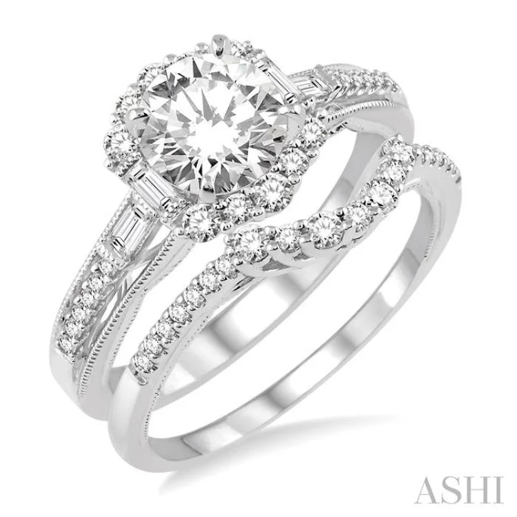 1 1/3 Ctw Diamond Wedding Set with 1 1/10 Ctw Round Cut Engagement Ring and 1/5 Ctw Wedding Band in 14K White Gold