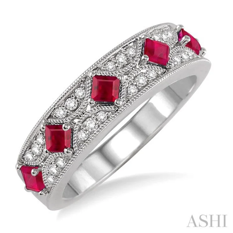 2.5 MM Princess Cut Ruby and 1/6 Ctw Round Cut Diamond Band in 14K White Gold