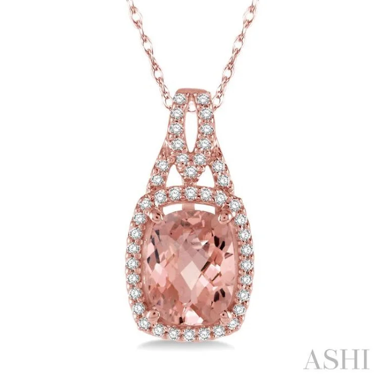 1/6 Ctw Round Cut Diamond and Cushion Cut 8x6mm Morganite Center Semi Precious Pendant in 14K Rose Gold with chain