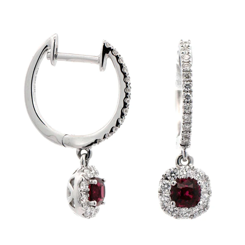 18K White Gold Round Red Spinel and Diamond Drop Earrings