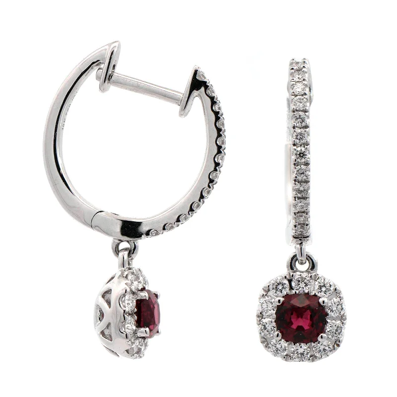 18K White Gold Round Red Spinel and Diamond Drop Earrings