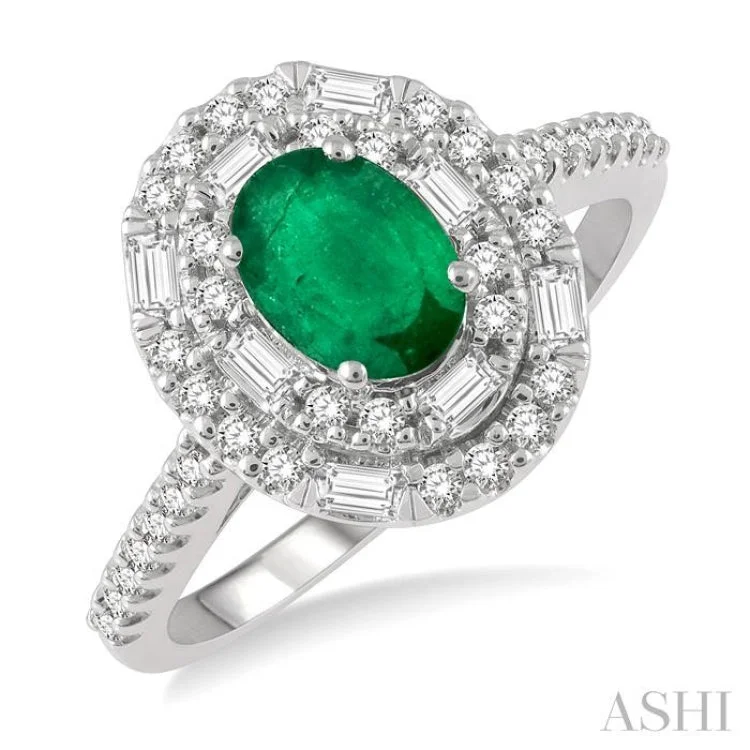 1/2 Ctw Oval Shape 7x5 MM Emerald, Round Cut & Baguette Diamond Precious Ring in 14K White Gold