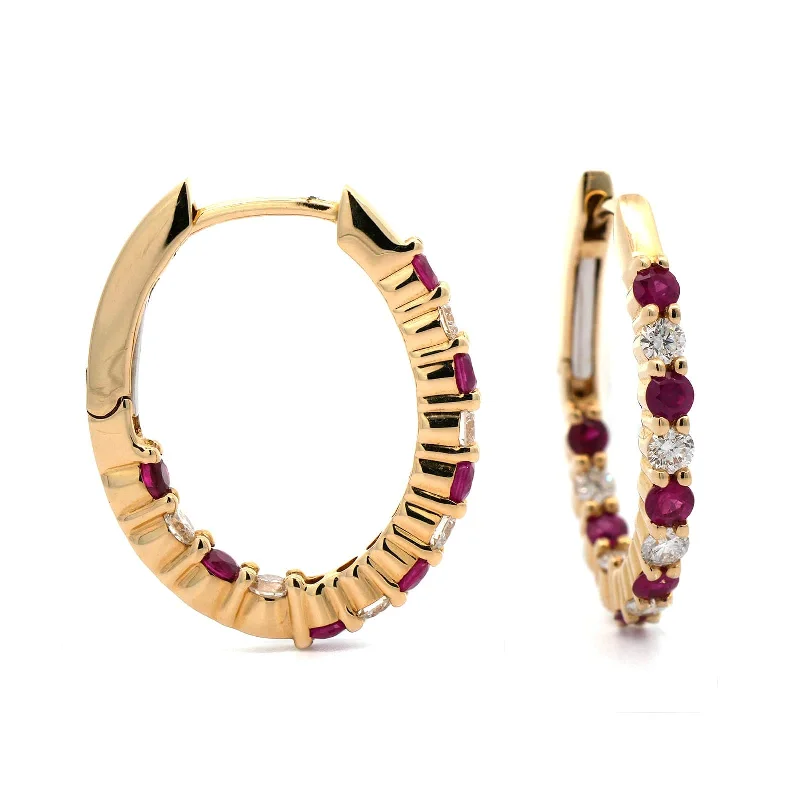 14K Yellow Gold Diamond & Ruby Hoop Earrings