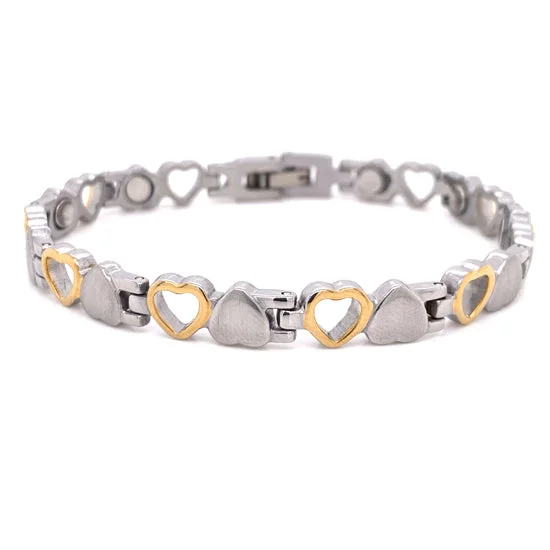 Stainless Steel Magnetic Bracelet with Gold PVD Coated Hearts / MBL019