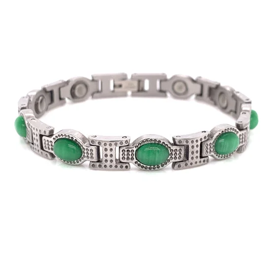 Stainless Steel Magnetic Bracelets With Green Stone & Germanium / MBL0037