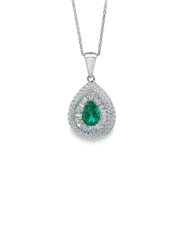 White Gold Emerald and Diamond Halo Pendant