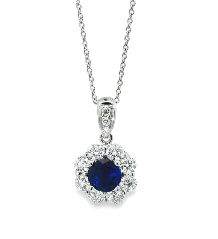 White Gold Sapphire and Diamond Halo Pendant