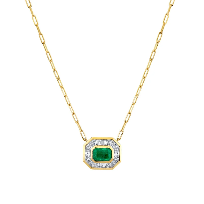 Mini Emerald and Diamond Halo Mini Deco Link Pendant Necklace