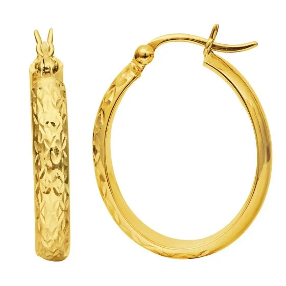 14K Yellow Gold Oval Diamond Cut Hoop Earring with Hinged Closure