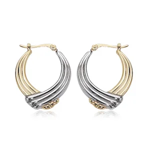 14Kt. Two Tone Crossed Ribbed Hoop Earrings With Cross Bar Latch