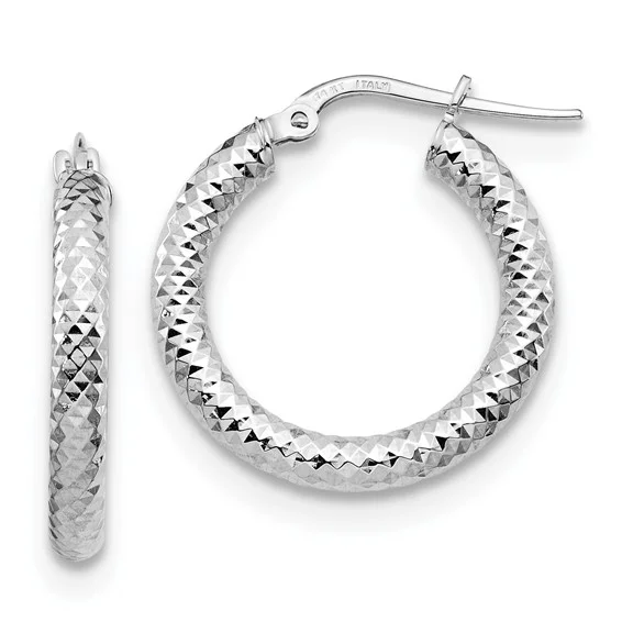 14kt. White Gold 3x15mm Diamond Cut Hoop Earrings