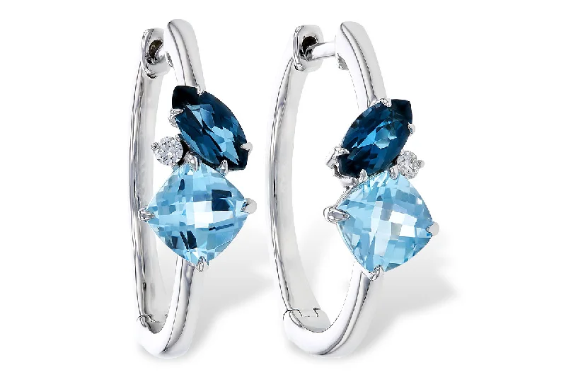 14kt. White Gold Marquise and Cushion cut genuine Blue Topaz and Natural Round Diamond Hoop Earrings