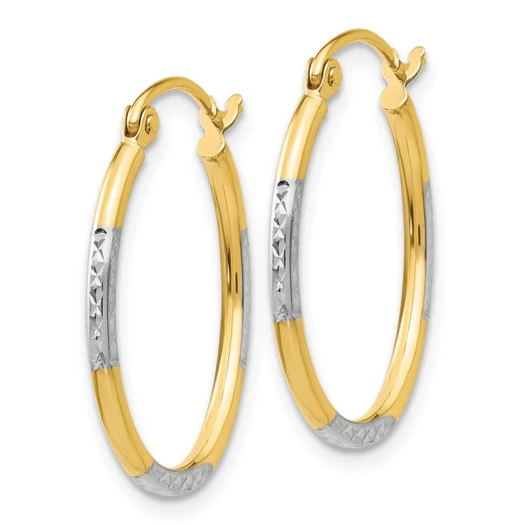 14K w/White Rhodium Diamond Cut Oval Hoop Earrings