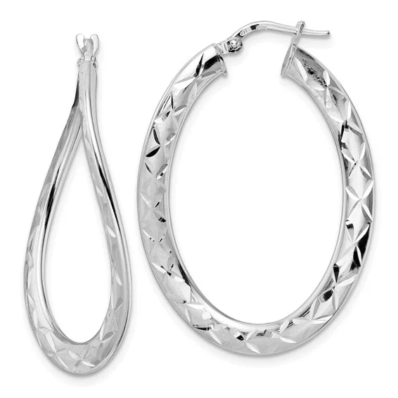 Sterling Silver Rhodium Plated Polished And Diamond Cut Curved Hoop Earrings