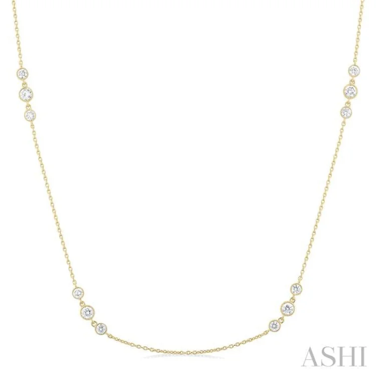 3/4 ctw Three Stone Bezel Set Round Cut Diamond Station Necklace in 14K Yellow Gold