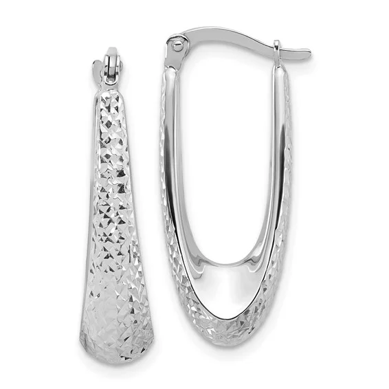 White 14 Karat Diamond Cut Elogated Medium Hoop Earrings