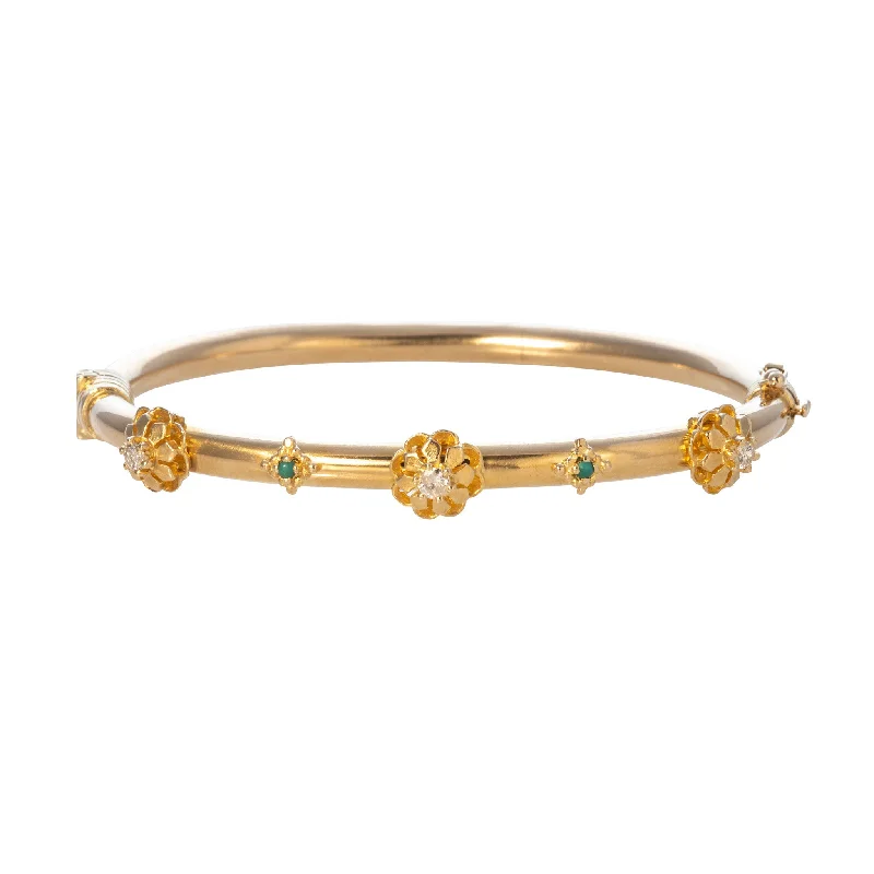 Estate Diamond & Turquoise Floral 14K Yellow Gold Bangle