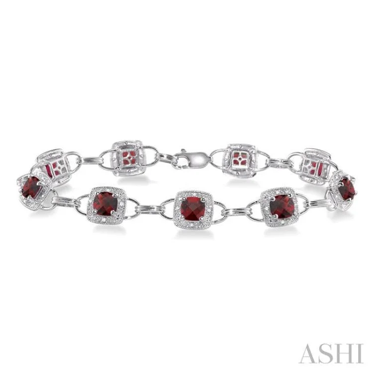 5x5MM Cushion Shape Garnet and 1/6 Ctw Single Cut Diamond Bracelet in 10K White Gold