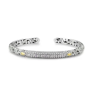 Sterling Silver and 18kt Yellow Gold White Topaz Hinged Open Bangle Bracelet by Samuel B