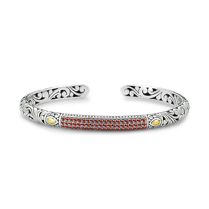 Sterling Silver and 18kt Yellow Gold Open Garnet Hinged Open Bangle Bracelet by Samuel B