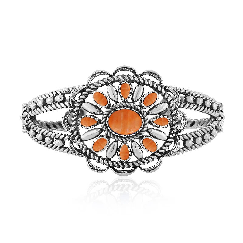 Sterling Silver Orange Spiny Oyster Wildflower Rope Cuff Bracelet, Sizes Small to Large