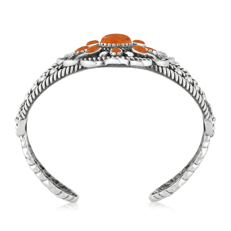 Sterling Silver Orange Spiny Oyster Wildflower Rope Cuff Bracelet, Sizes Small to Large