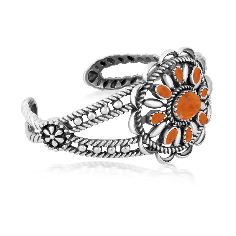 Sterling Silver Orange Spiny Oyster Wildflower Rope Cuff Bracelet, Sizes Small to Large