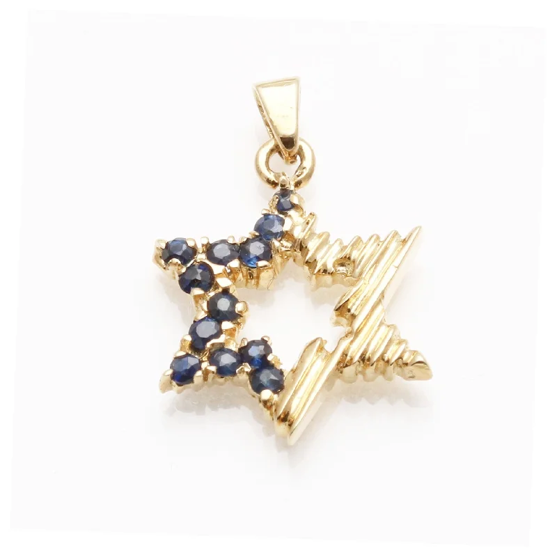 14k Yellow Gold Blue Sapphire Jewish Star of David Pendant 1/3 carat