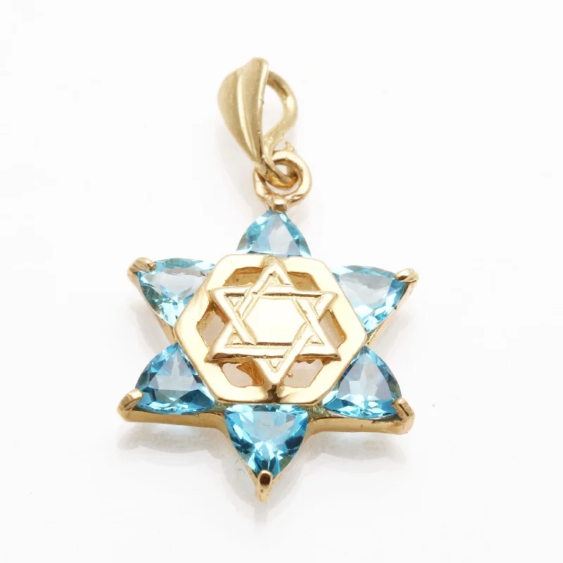 14k Yellow Gold Blue Topaz Double Jewish Star of David Pendant