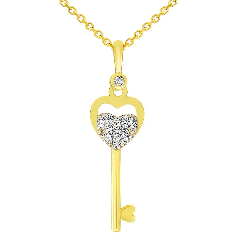 14k Yellow Gold Cubic Zirconia Heart Shaped Love Key To My Heart Pendant Cable Chain Necklace