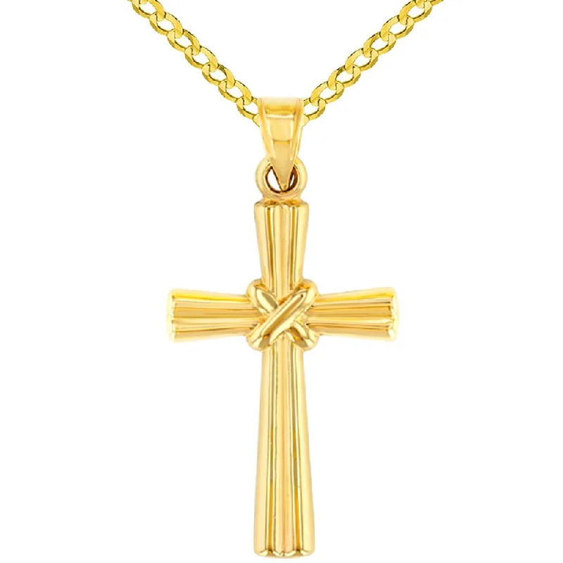 14K Yellow Gold Ribbed Cross with Knot Pendant Necklace