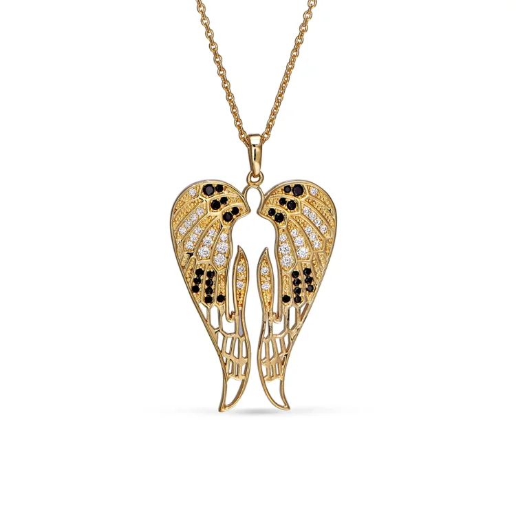 Gold Finish Sterling Silver Micropave Angel Wings Pendant with Simmulated Diamonds on 16