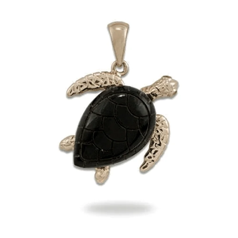 Honu Black Coral Pendant in Gold with Diamonds - 19mm