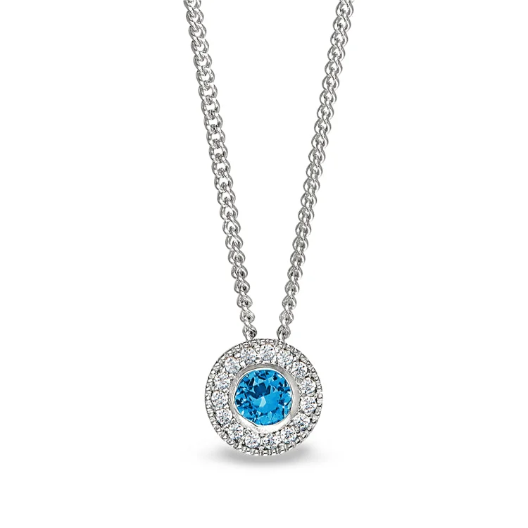 Platinum Finish Sterling Silver Round Simulated Blue Topaz Birth Gem Pendant with Simulated Diamonds on 18