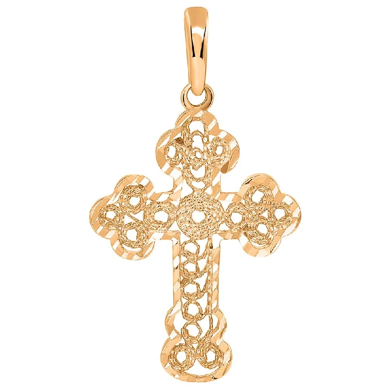 Solid 14k Rose Gold Filigree Eastern Orthodox Cross Pendant