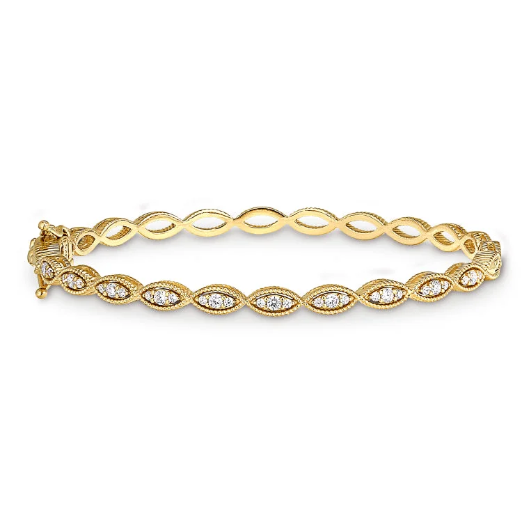 Gold Finish Sterling Silver Micropave Three Stone Marquis Bangle Bracelet with Simulated Diamonds