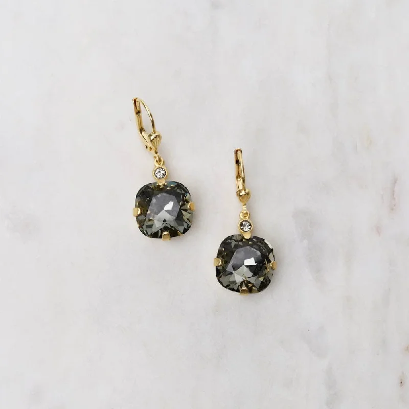 Large Black Diamond Drop Earrings- Gold Plate