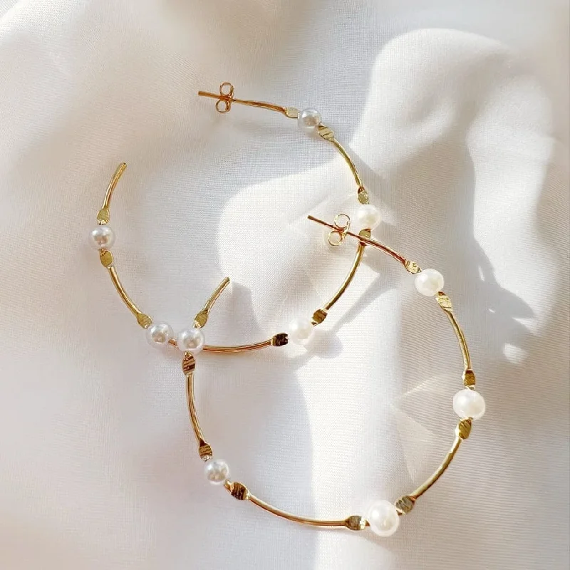 Gold Fill Saltwater Pearl Statement Hoops Earrings