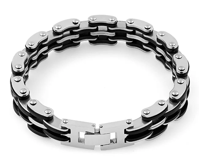 Stainless Steel Black Rubber Link Bracelet